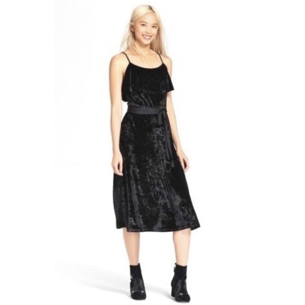 Black Velvet Cami‎ Midi Dress Size S Ruffle Strap Romantic Flirty